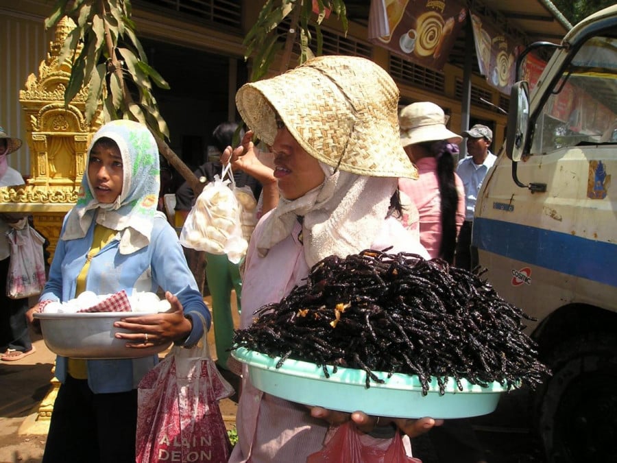 A lady in a straw hat holding a plate of fried tarantula