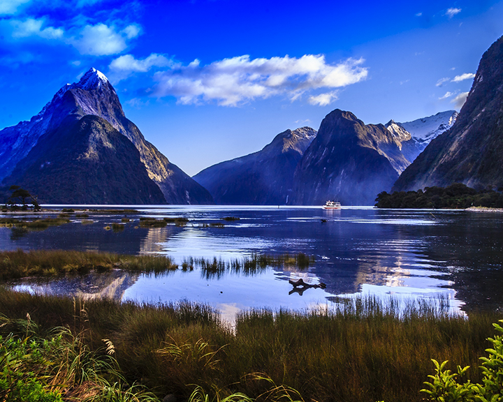 A lake and surrounding mountains in Milford Sound