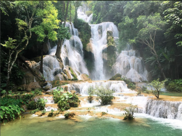 Kuang Si Waterfall surrounded by dense green foliage