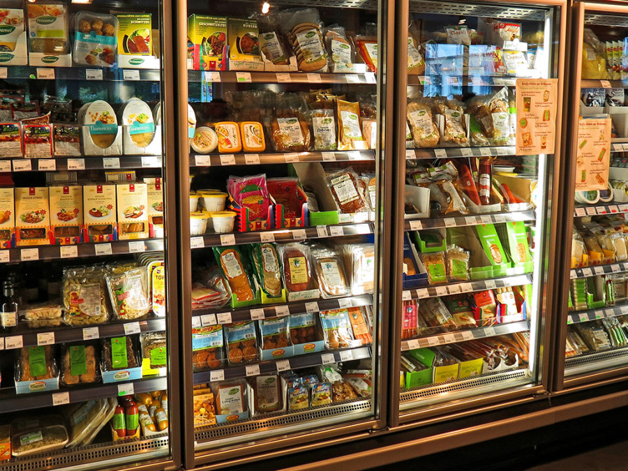 A supermarket fridge displaying products